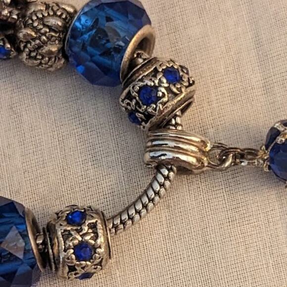 Charm Bracelet With Blue Crystal Beads in Silver Tone Metal with Safety Chain - Picture 9 of 13